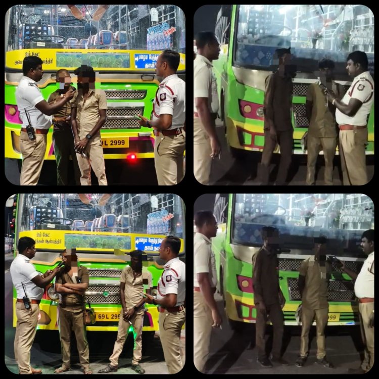 தூத்துக்குடி மாவட்ட காவல் துறை - நகர போக்குவரத்து காவல் - குடிபோதையில் அபாயகரமாக ஓட்டி வரப்பட்ட இரண்டு மினிபேருந்துகள் பறிமுதல் - தலா ரூ.15000 அபராதம் - ஓட்டுநர் உரிமம் ரத்து - நடத்துநர்கள் மீதும் குடிபோதை வழக்கு*