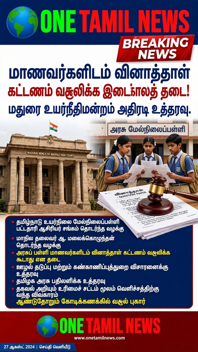 மாணவர்களிடமிருந்து வினாத்தாள் கட்டணம் வசூலிக்க இடைக்காலத் தடை! மதுரை உயர்நீதிமன்றம் அதிரடி உத்தரவு